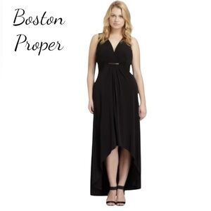 BOSTON PROPER HIGH -LO V NECK GOLD ACCENT MAXI DRESS